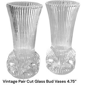 Pair of Clear Cut Glass Bud Vases Art Deco Style 4.75 Inches Tall (Approx)